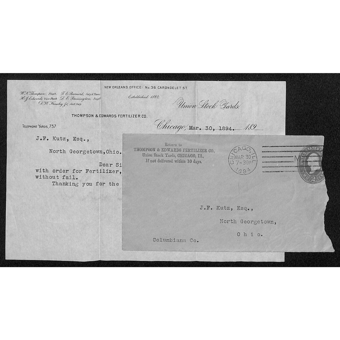 Thompson & Edwards Fertilizer Chicago 1894 Letterhead & Cover VGC
