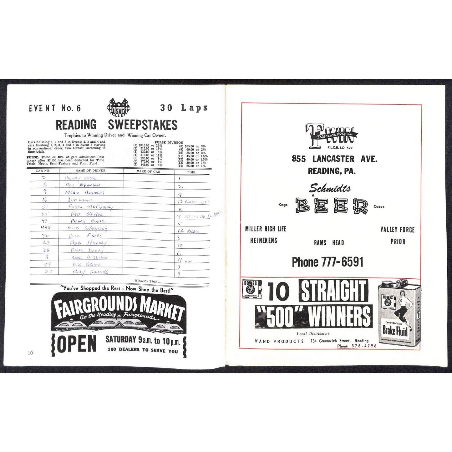Reading Fairgrounds 1966 USAC Auto Races Program Sprint Car 8p* VGC Mario Scarce