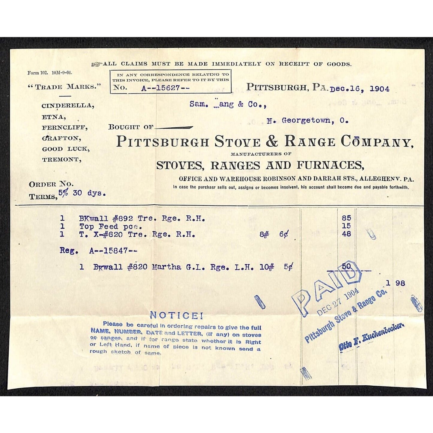Pittsburgh Stove & Range Co. Samuel Wang Co* N. Georgetown 1904 Billhead & Cover