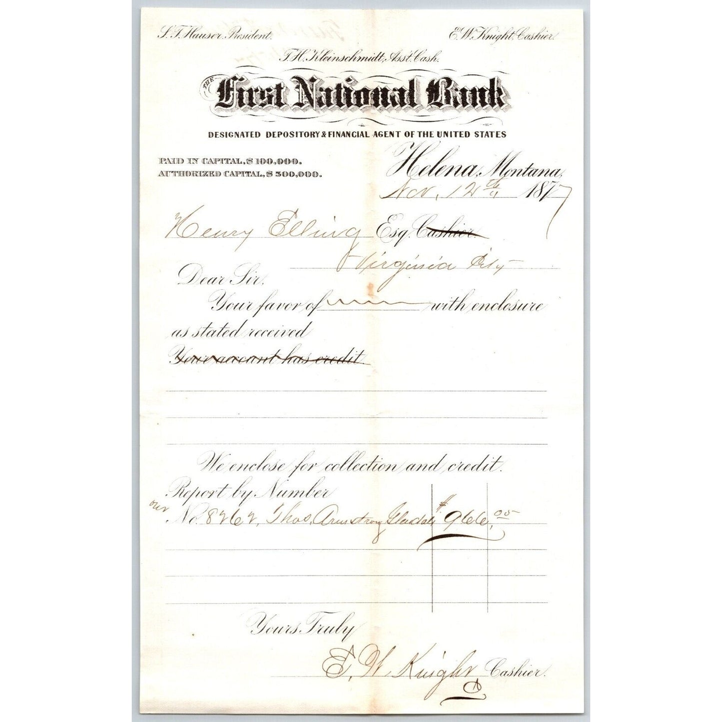 First National Bank Helena, MT 11/12 1877 Payment Advice Henry Elling*
