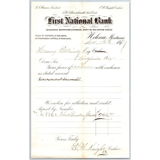 First National Bank Helena, MT 11/12 1877 Payment Advice Henry Elling*