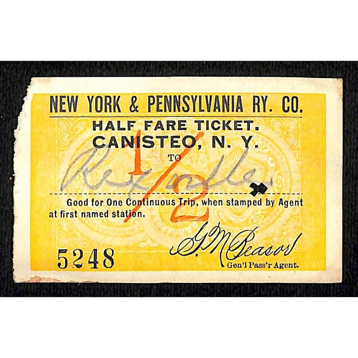 New York & Pennsylvania Railroad RY July 26 1917 Rexville Ticket #5248