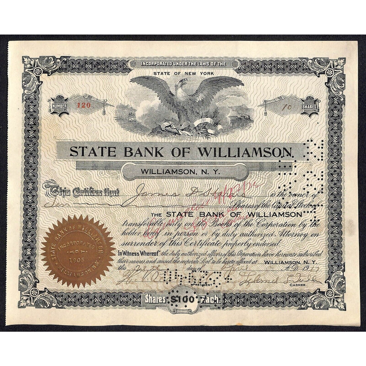 State Bank of Williamson NY 1917 Stock Certificate James D. Harris #120 Scarce