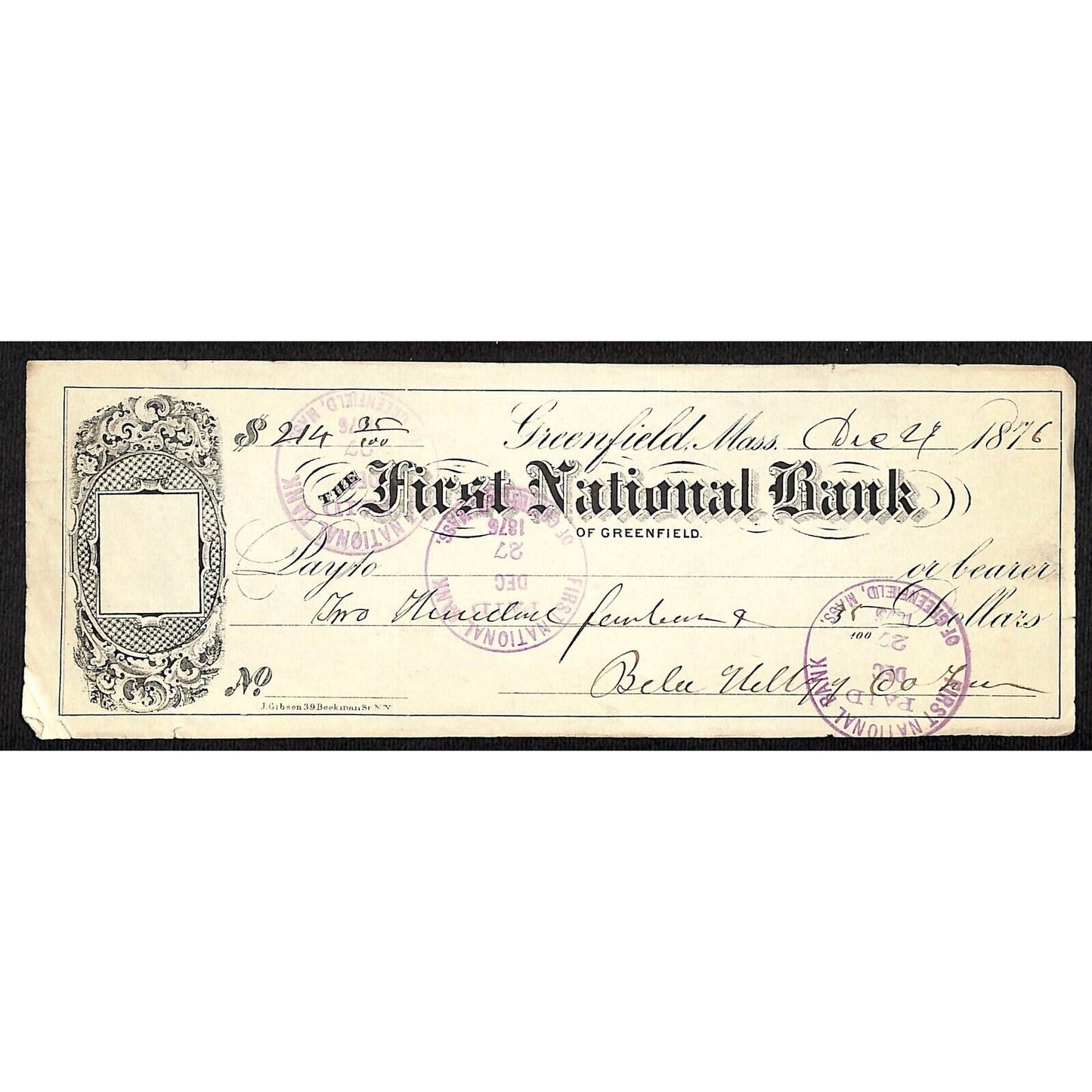 1876 First National Bank of Greenfield, MA $214.35 Bank Check