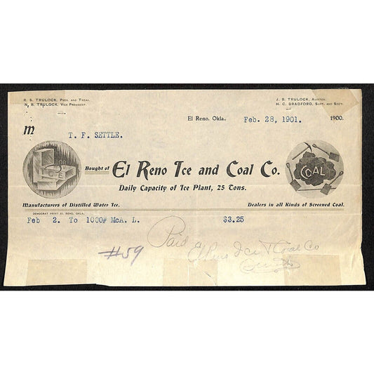 1901 El Reno Ice and Coal Co. "25 Tons Daily" OK Indian Territory Receipt