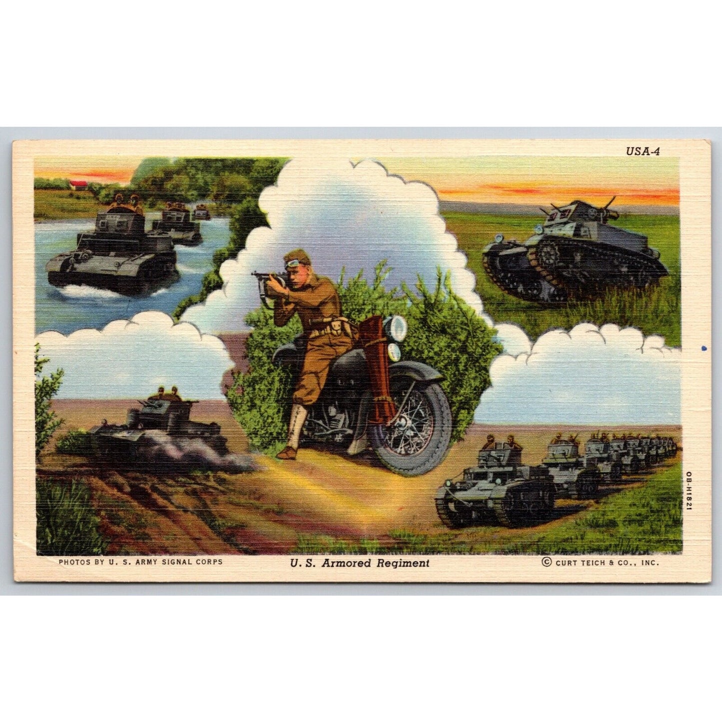 Harley Davidson WWII Era Linen U.S. Armored Regiment Postcard NP Scarce