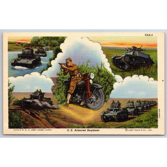 Harley Davidson WWII Era Linen U.S. Armored Regiment Postcard NP Scarce