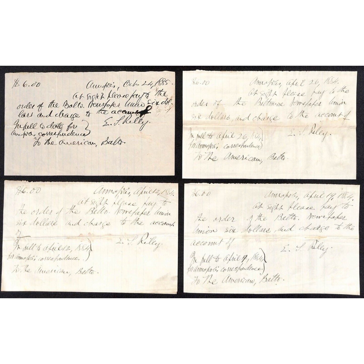 10 1884-85* Receipts for "The American, Balto" Newspaper (Baltimore American ?)