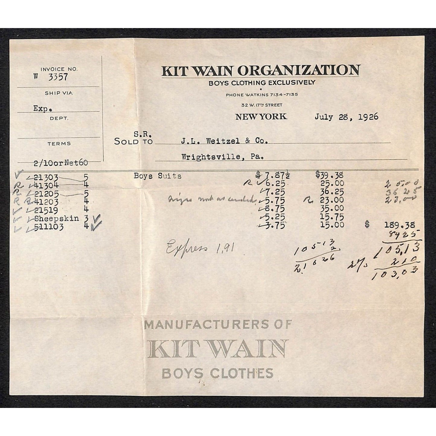 Kit Wan Org. / Peter Pan Co. Boys Clothes NYC / Weitzel 1926 Billhead + Cover