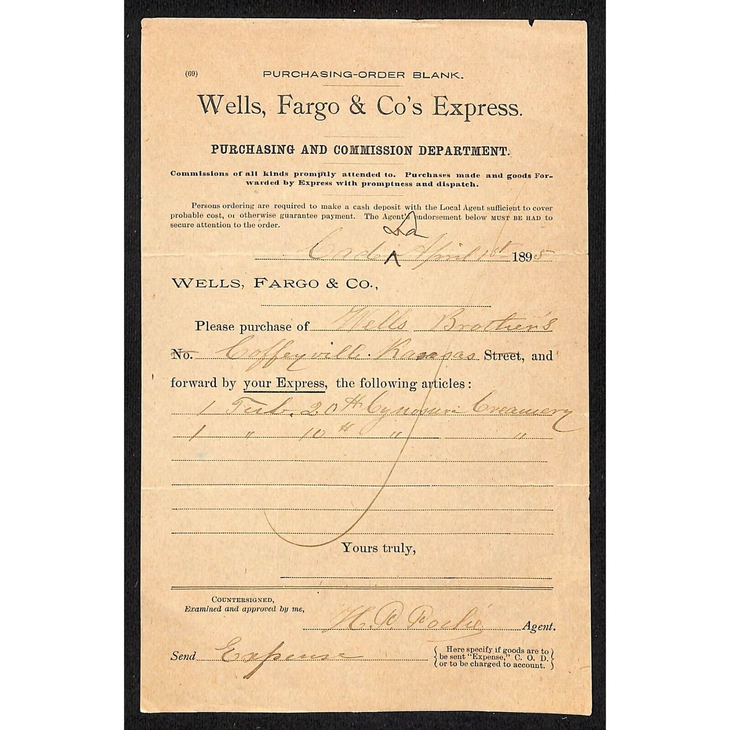 Wells Fargo & Co's Express Purchases Commission Dept. 1895 Order Form Creamery