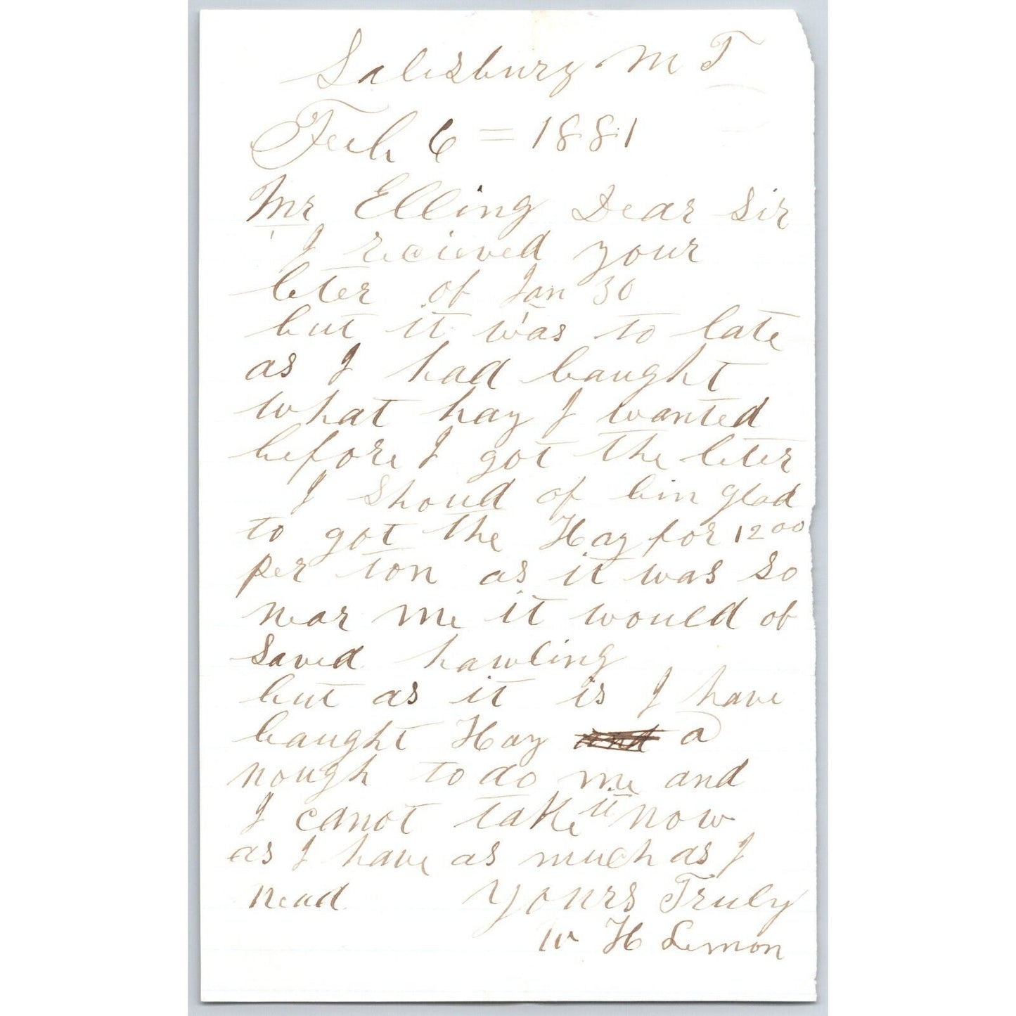 1881 W.H. Lemon ALS to Henry Elling* "..Glad to Get the Hay at $12 per Ton.."