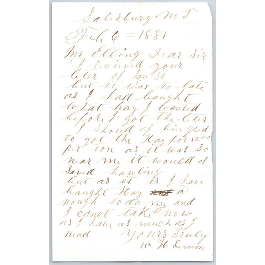 1881 W.H. Lemon ALS to Henry Elling* "..Glad to Get the Hay at $12 per Ton.."