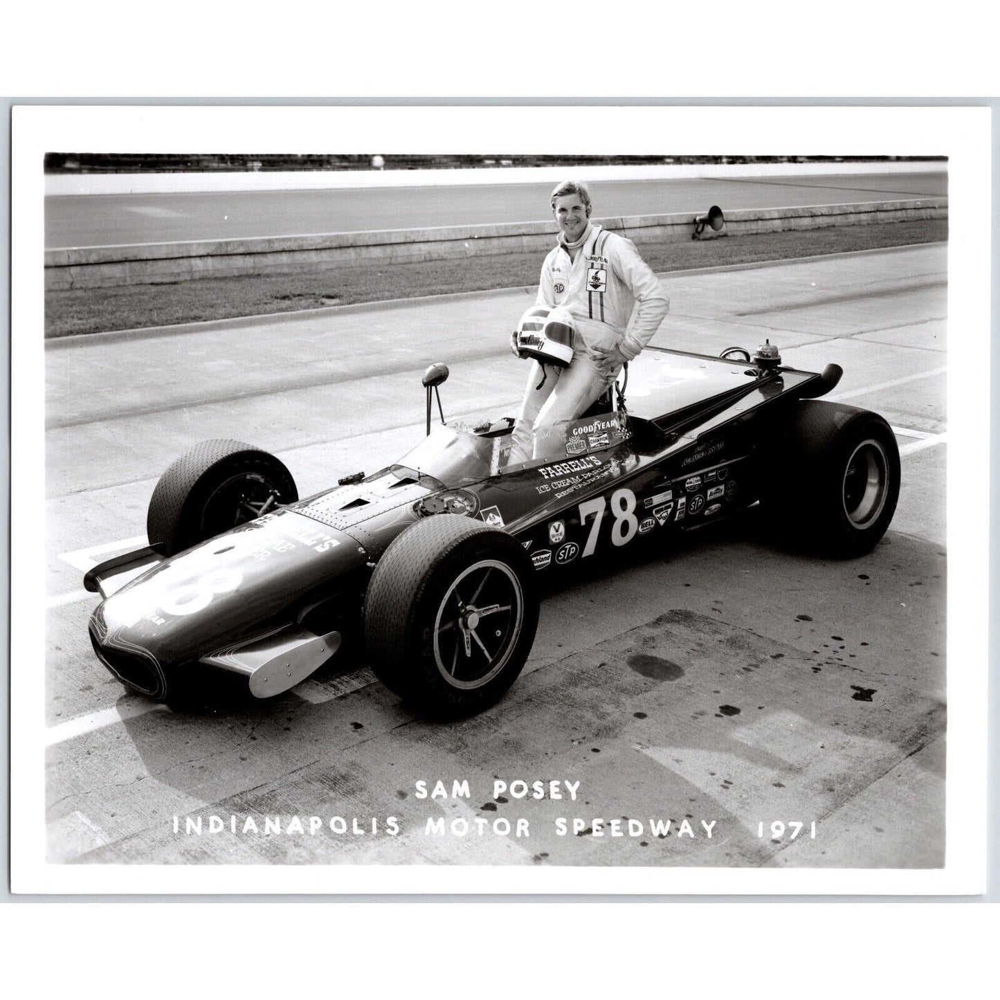 Sam Posey #78 1971 Indianapolis Motor Speedway 8" x 10" Photo IMS Stamp