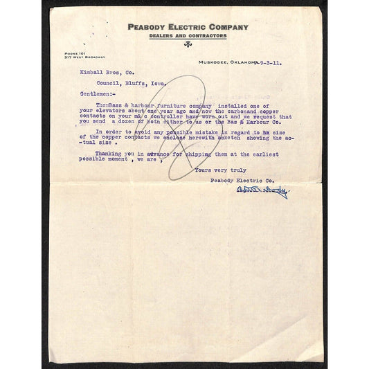 1911 Peabody Electric Company Contractors Muskogee, OK TLS Letterhead