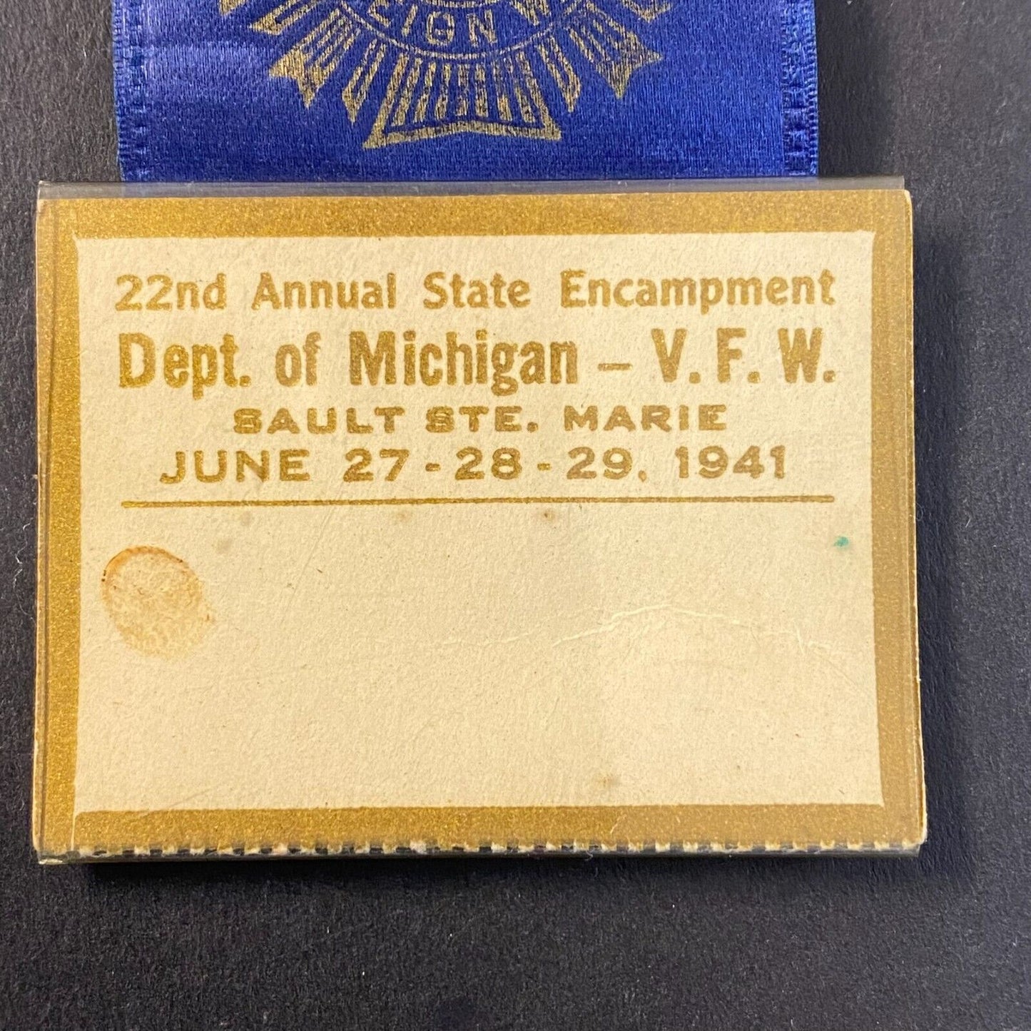 1941 Dept. of Michigan VFW 22nd Annual State Encampment Flag Ribbon Pinback VGC