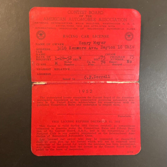 1952 AAA "Racing Car License" "Charles Henry Meyer" ID Card - Scarce