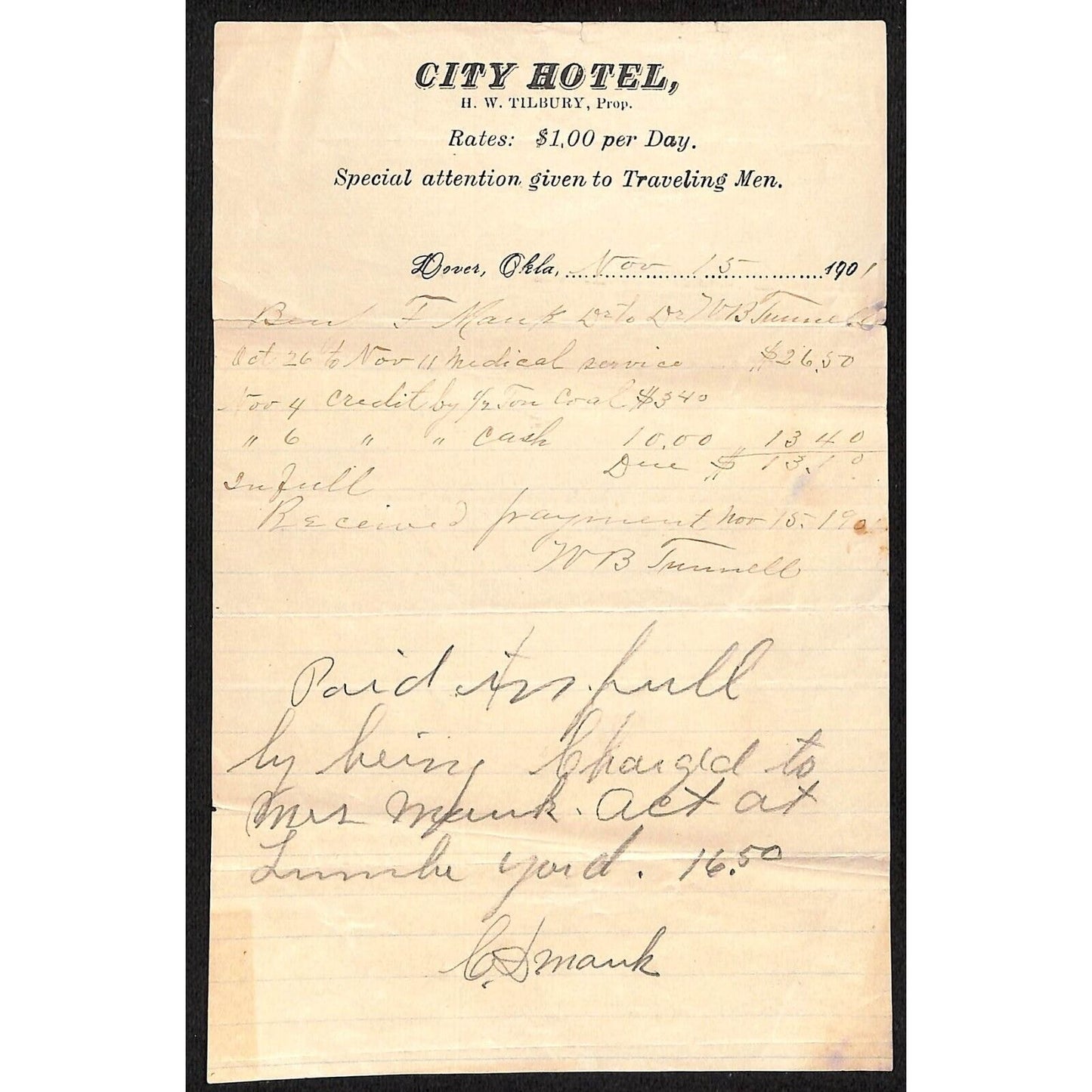 1901 City Hotel Dover, OK Indian Territory Billhead Rate $1 "...Traveling Men"