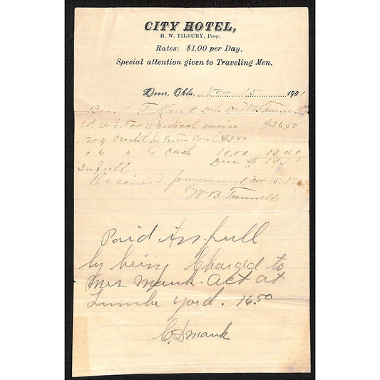 1901 City Hotel Dover, OK Indian Territory Billhead Rate $1 "...Traveling Men"