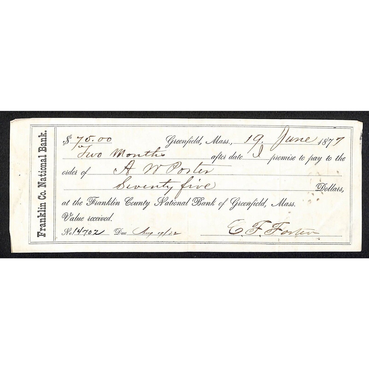1874 Crocker National Bank Turners Falls MA $60 Bank Check John Haggerty & Son*
