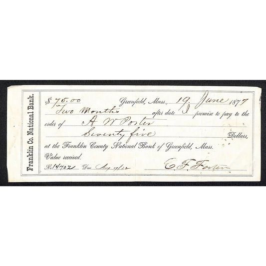 1874 Crocker National Bank Turners Falls MA $60 Bank Check John Haggerty & Son*