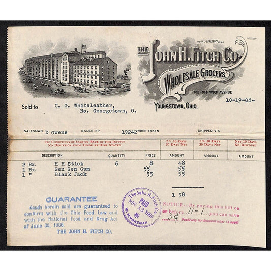 John H. Fitch Co. Youngstown, OH 1908 Billhead Whiteleather* N. Georgetown, OH