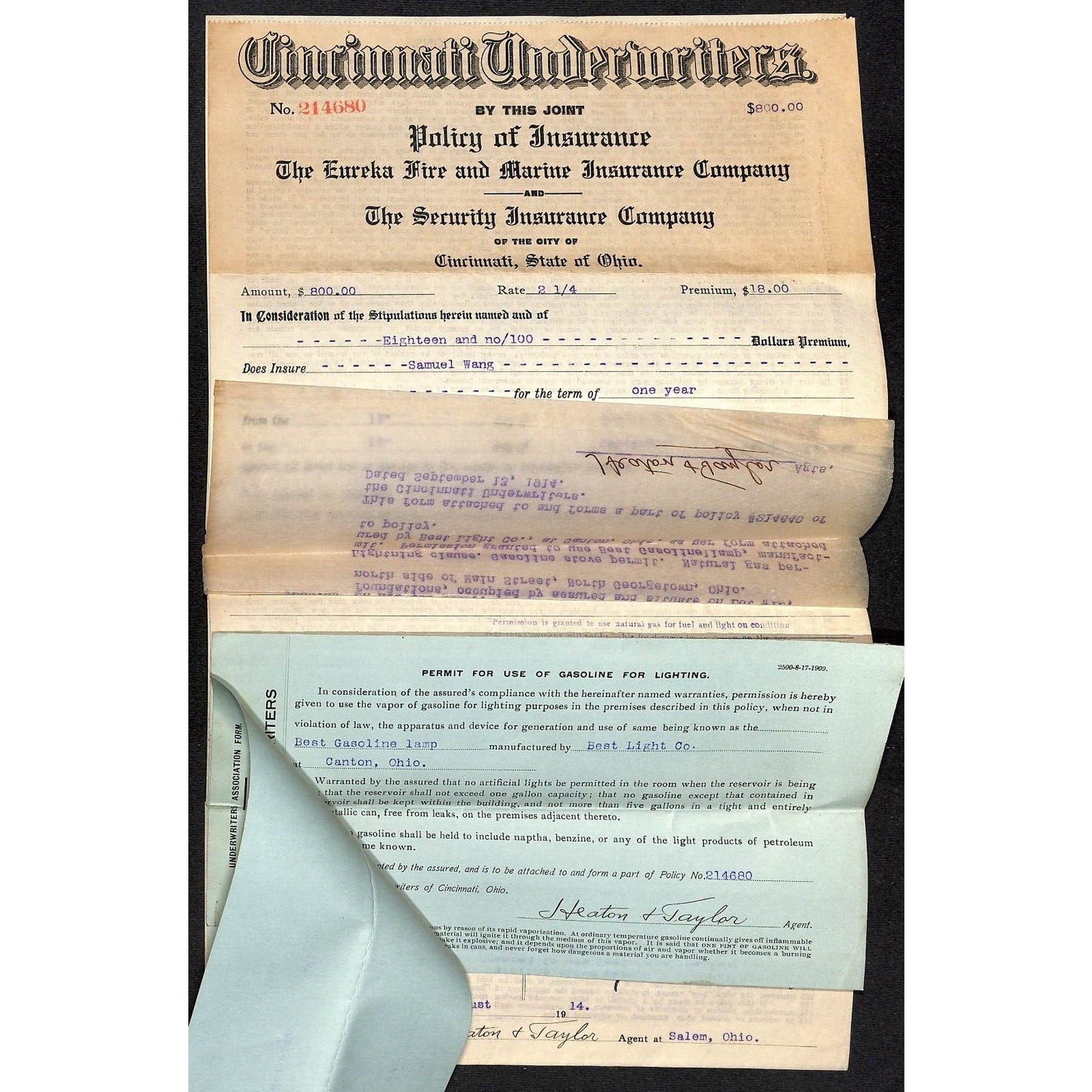 Heaton & Taylor Insurance Salem Samuel Wang Co* North Georgetown 1915 Policy