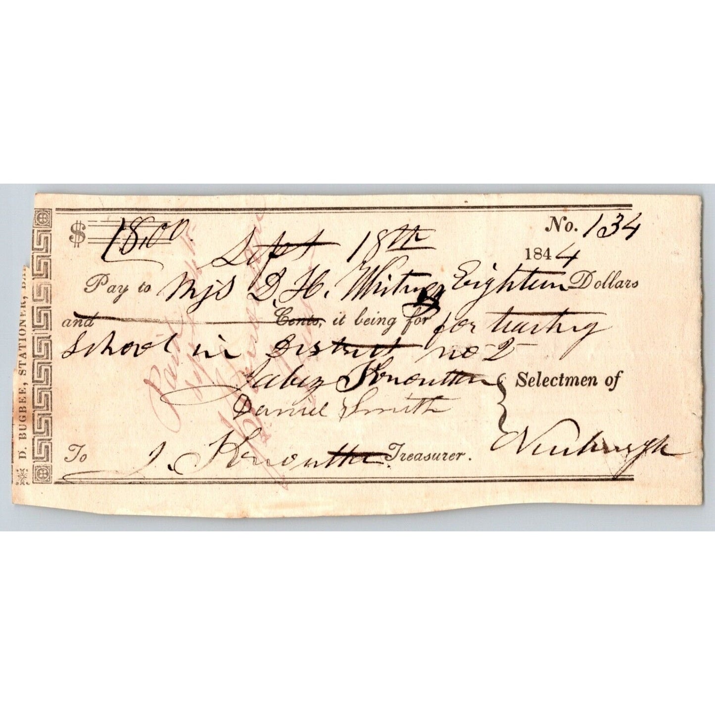1844 Jabez Knowlton* Newburgh ME Town Check to Mrs. D.H. Whiting ? for Teaching