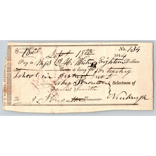 1844 Jabez Knowlton* Newburgh ME Town Check to Mrs. D.H. Whiting ? for Teaching