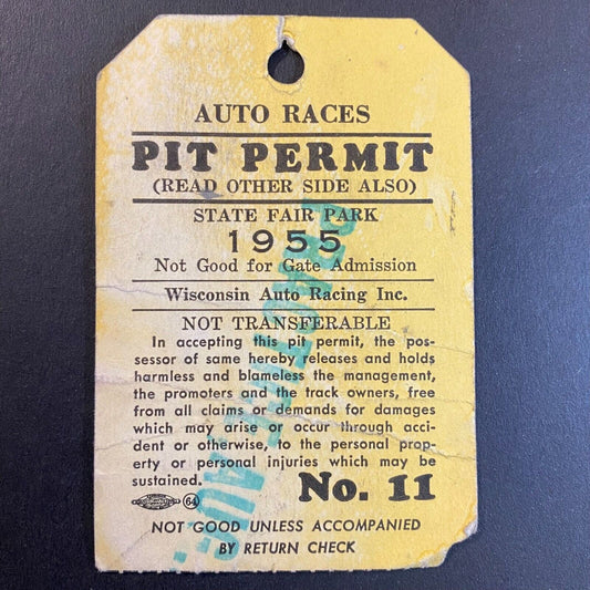 1955 State Fair Park Auto Races Pit Permit Stub (Stamped "Practice")