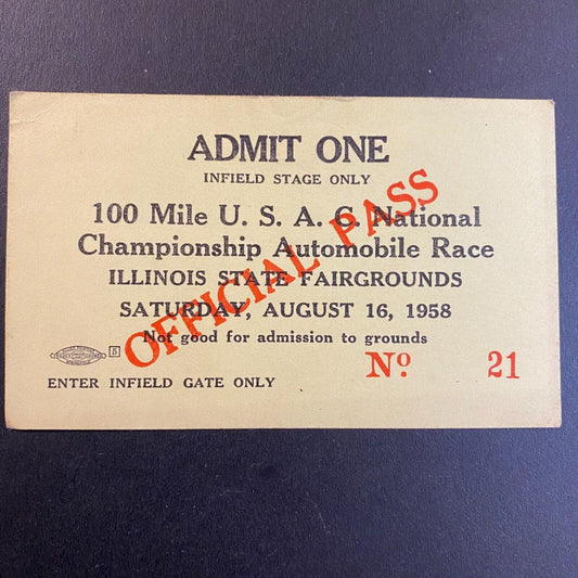 1958 Illinois Fairgrounds 100-Mile USAC Championship Race Infield Pass - Scarce