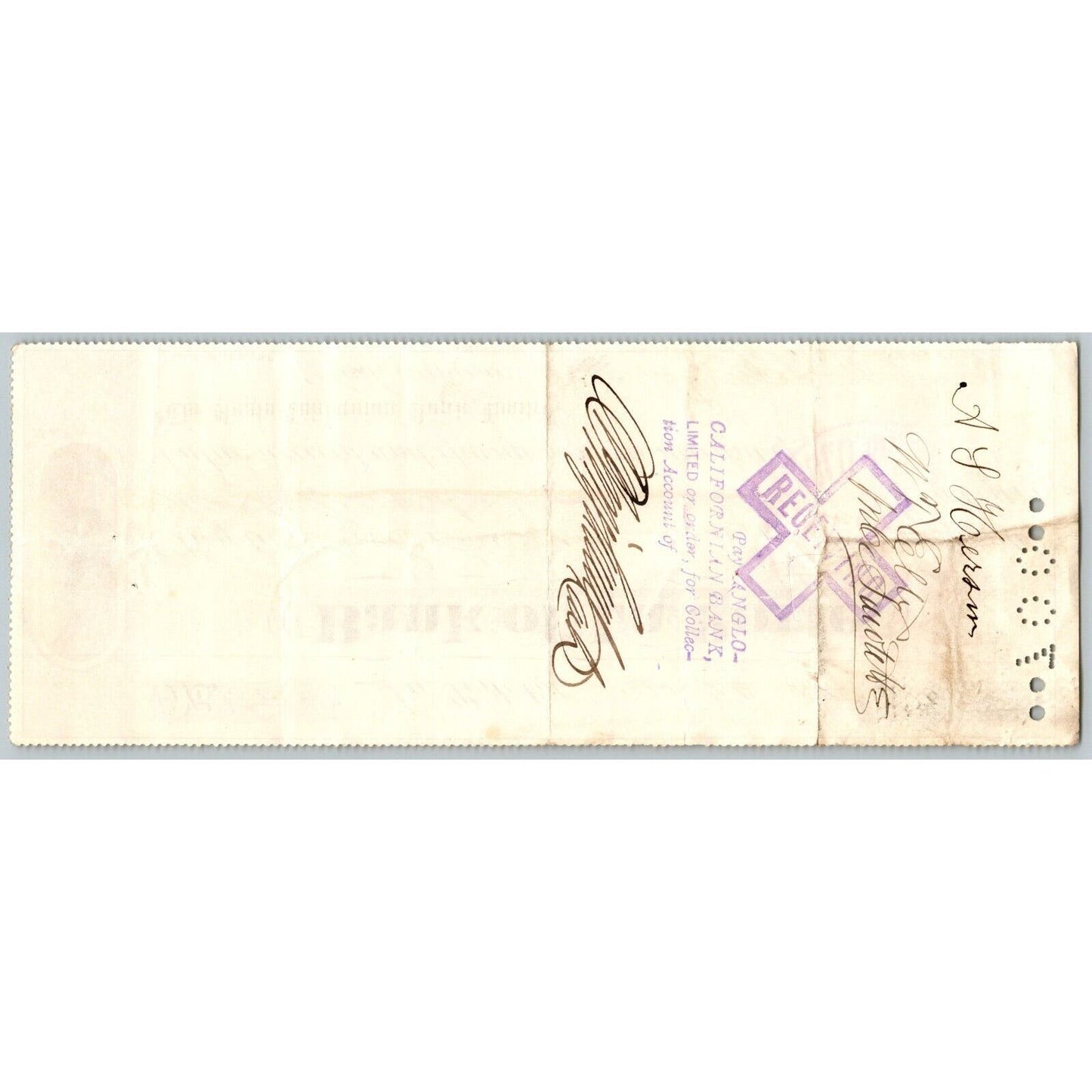 Bank of La Porte Check A.S. Hersem (Saloon Stable ?) 1884 Mining Vignette #13218
