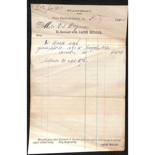 Jacob Miller New Philadelphia, OH (General Store) 1884 Billhead / Statement