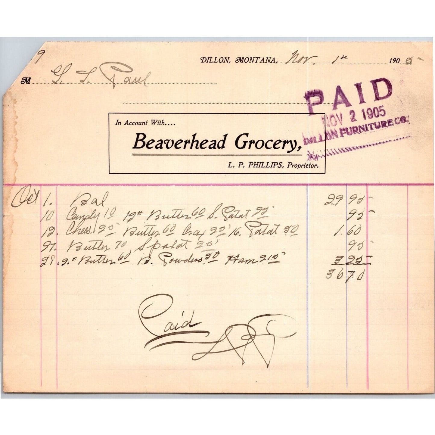 Dillon, MT Beaverhead Grocery L.P. Phillips 1905 Billhead G.T. Paul*