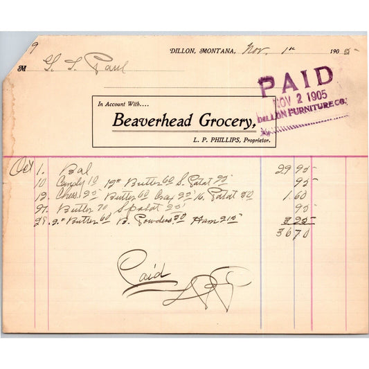 Dillon, MT Beaverhead Grocery L.P. Phillips 1905 Billhead G.T. Paul*