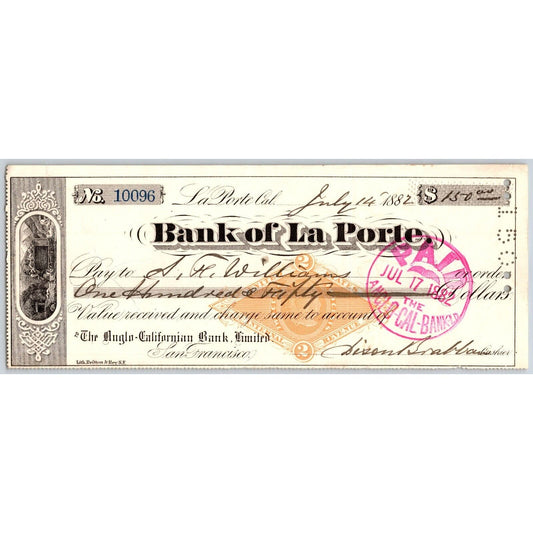 Bank of La Porte Check T.H. Williams 1882 Mining Vignette RN-G1 Rev Stamp #10096