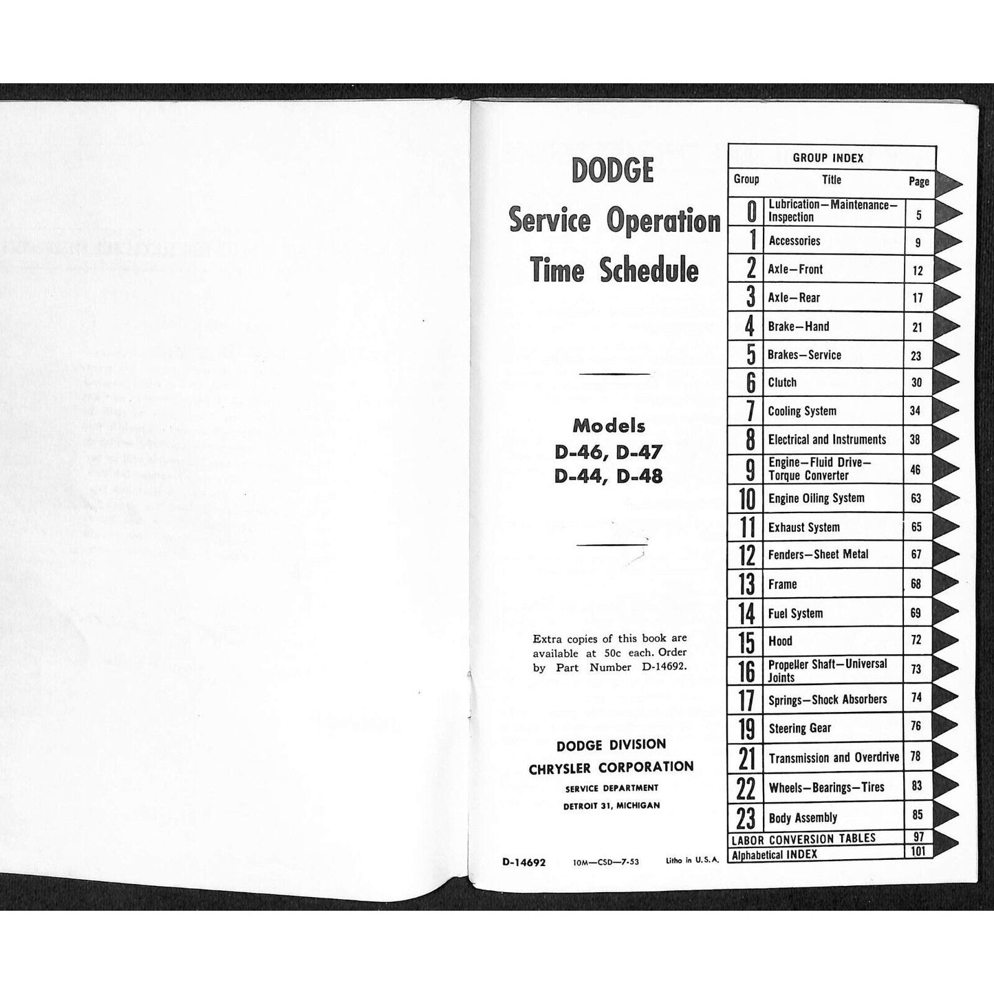 c1953 Dodge Passenger Car Service Manual D44 D46 D47 D48 Booklet 103pp Scarce