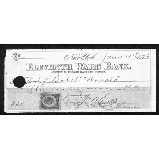 1876 Eleventh Ward Bank Avenue D & E. 10th St NYC Bank Check w/ Rev Stamp