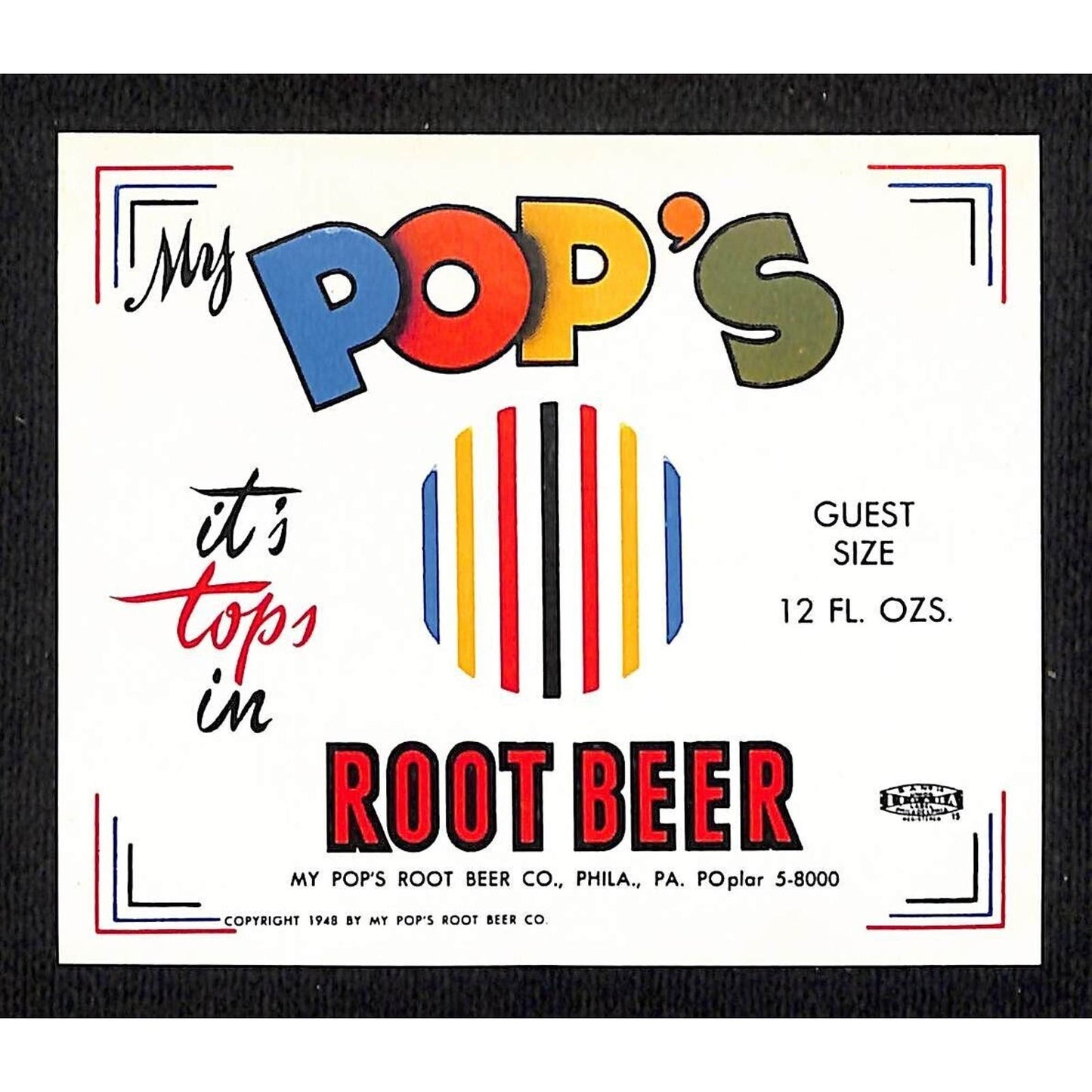 My Pop's Root Beer Paper Label Philadelphia c1948 VGC Scarce