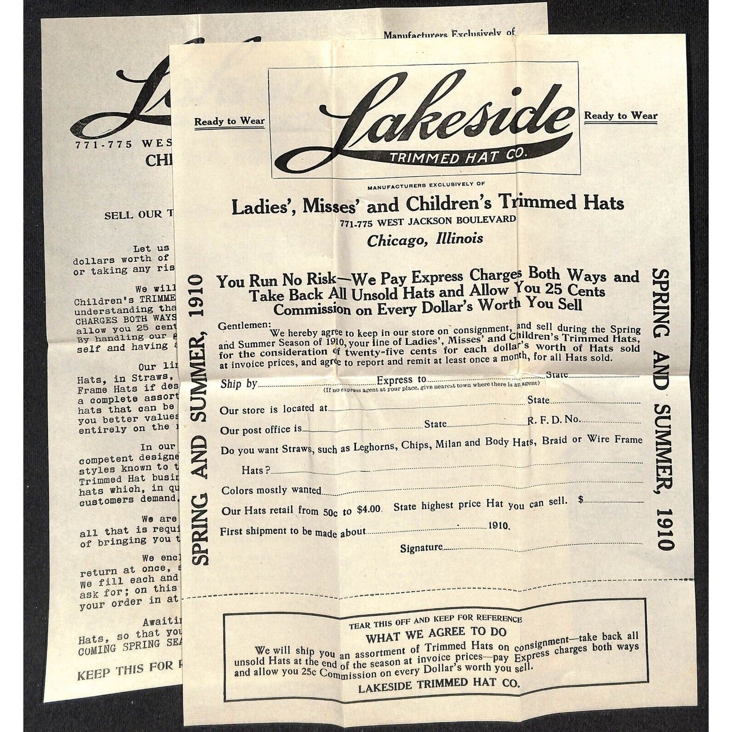 Chicago Lakeside Trimmed Hat Co. 1910 Product Sheet & Return Cover Knowlton*