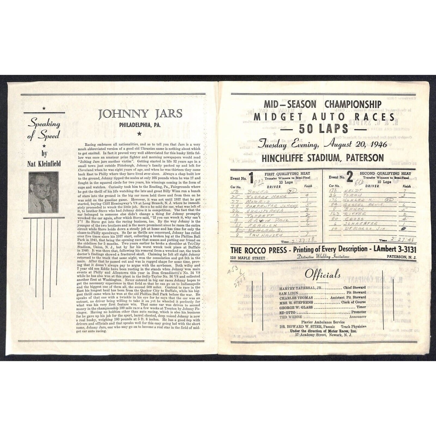 Hinchliffe Stadium Midget Auto Races 8/20/1946 Program Johnny Jars 4pp Scarce