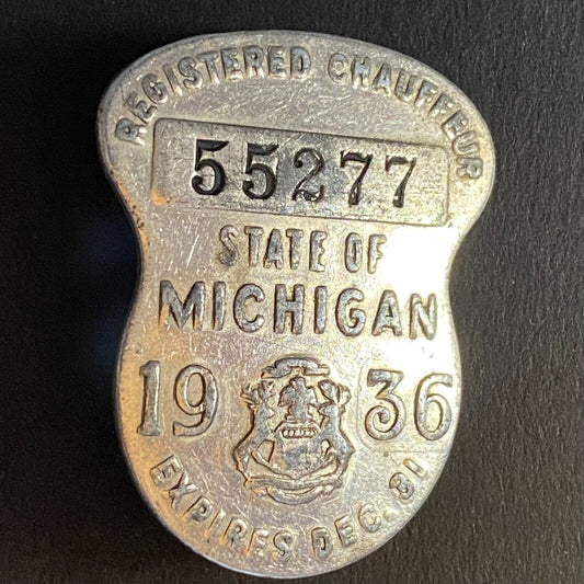 1936 Michigan Licensed Registered Chauffeur Badge Metal Pin Back Driver #55277