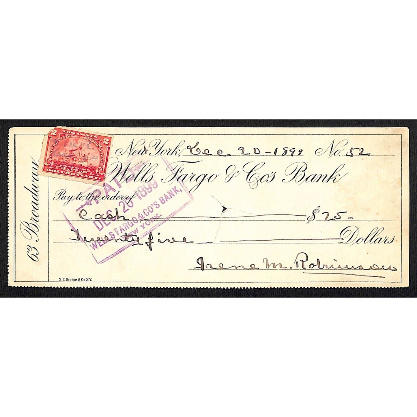 1899 Wells Fargo & Co Bank 63 Broadway NYC Check #52 w/ Rev Stamp Cash