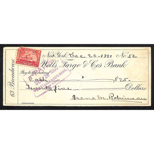 1899 Wells Fargo & Co Bank 63 Broadway NYC Check #52 w/ Rev Stamp Cash