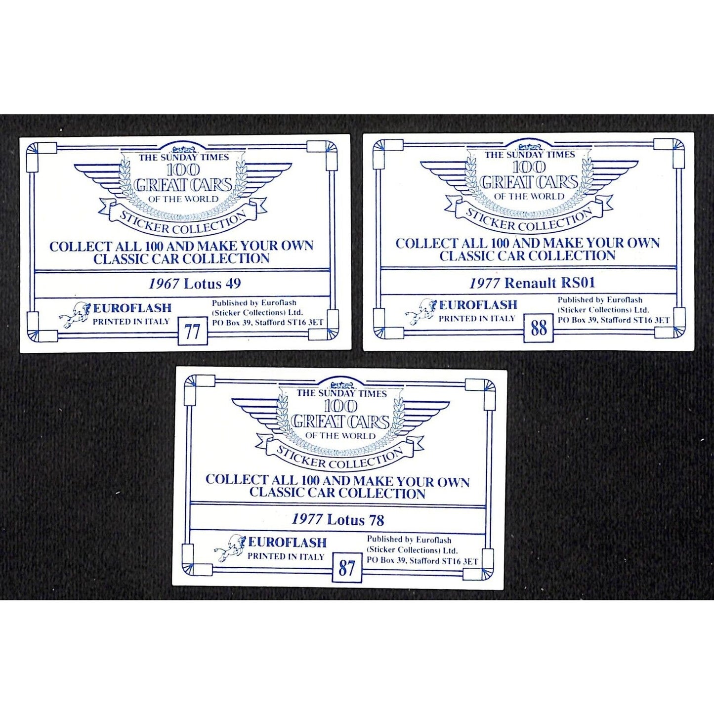 Group of 3 c1989 Euroflash "100 Great Cards" Auto Racing Cards / Stickers?