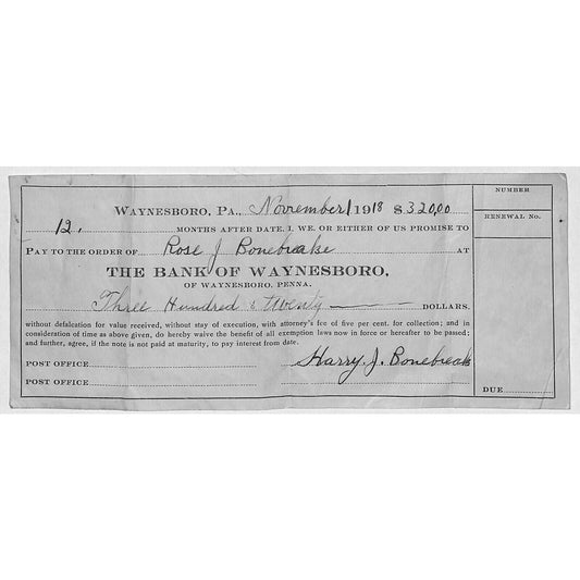 Bank of Waynesboro 1918 Penna. Bank Check / Promissory Note