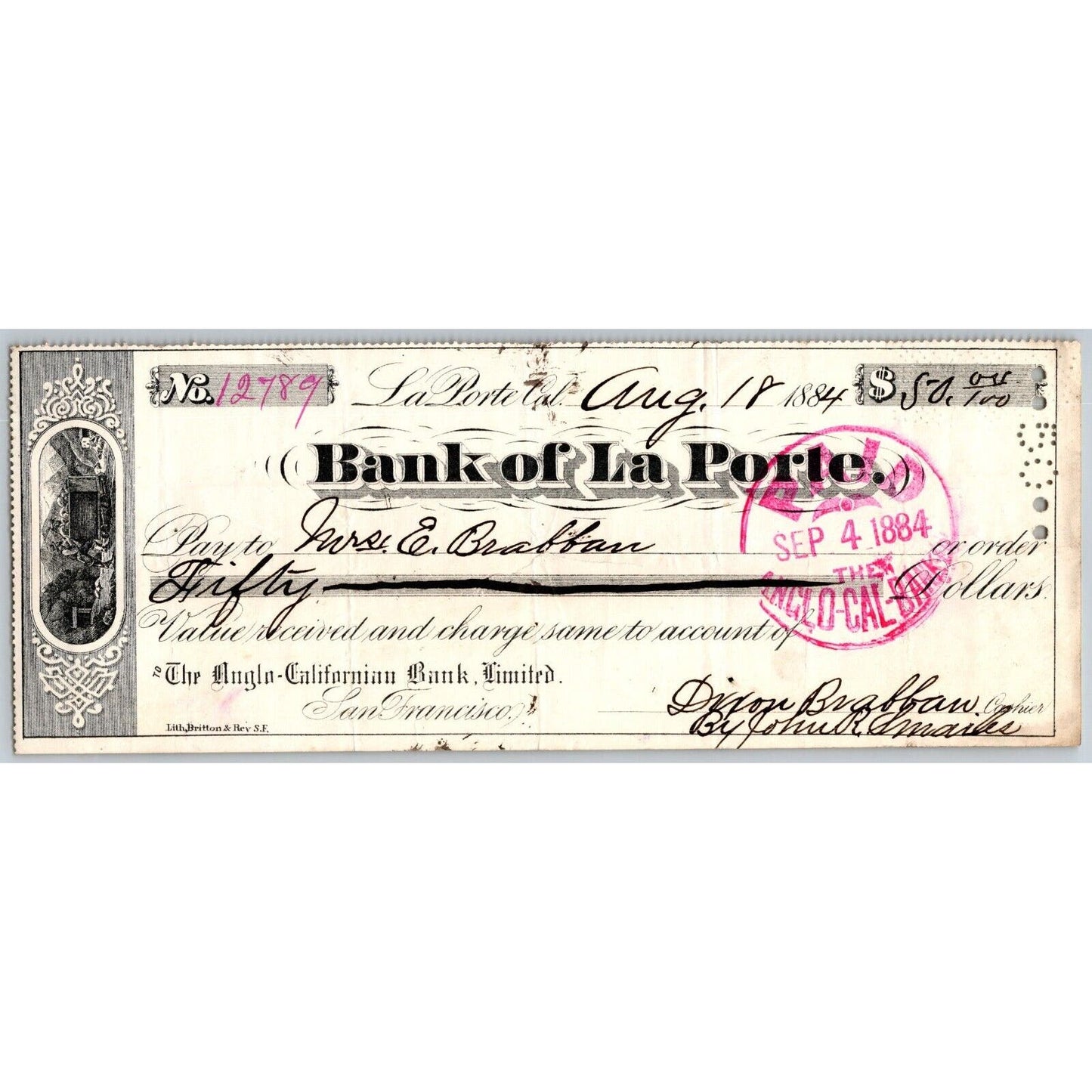 Bank of La Porte Check Mrs. E. Brabban* 1884 Mining Vignette #12789