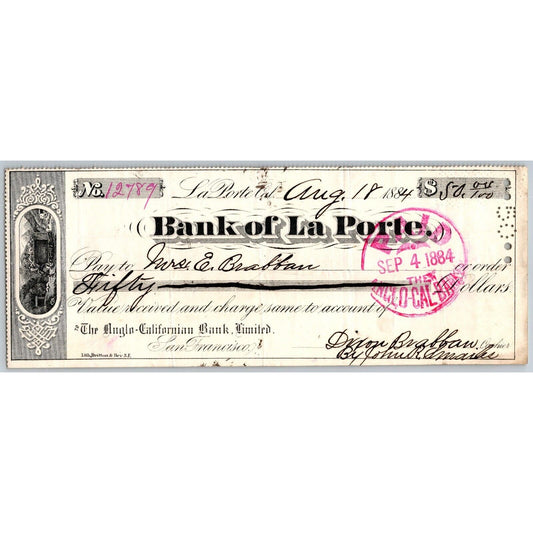 Bank of La Porte Check Mrs. E. Brabban* 1884 Mining Vignette #12789