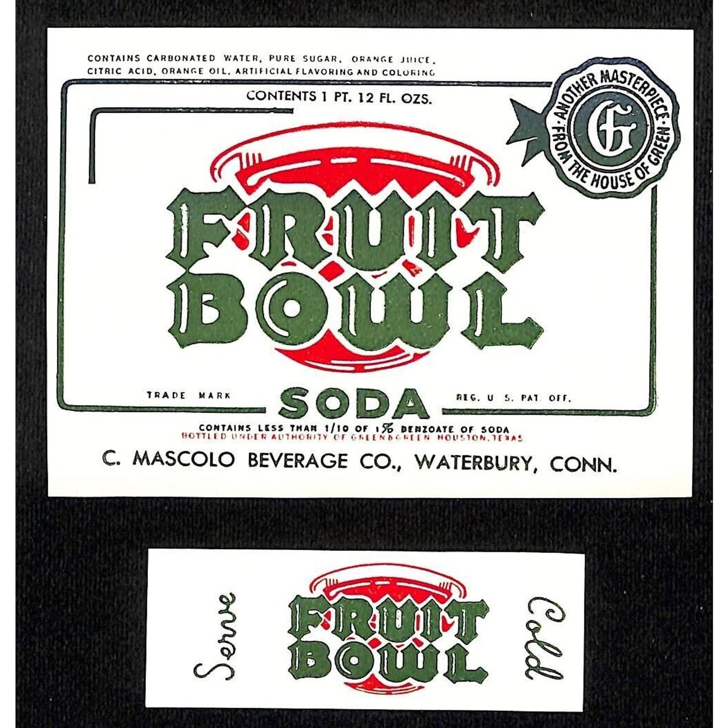 Fruit Bowl Soda Paper Label Waterbury, CT Mascolo Beverage Co c1940's VGC Scarce