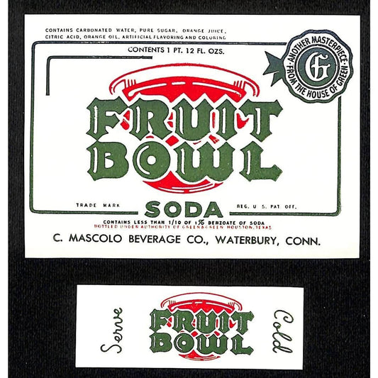 Fruit Bowl Soda Paper Label Waterbury, CT Mascolo Beverage Co c1940's VGC Scarce