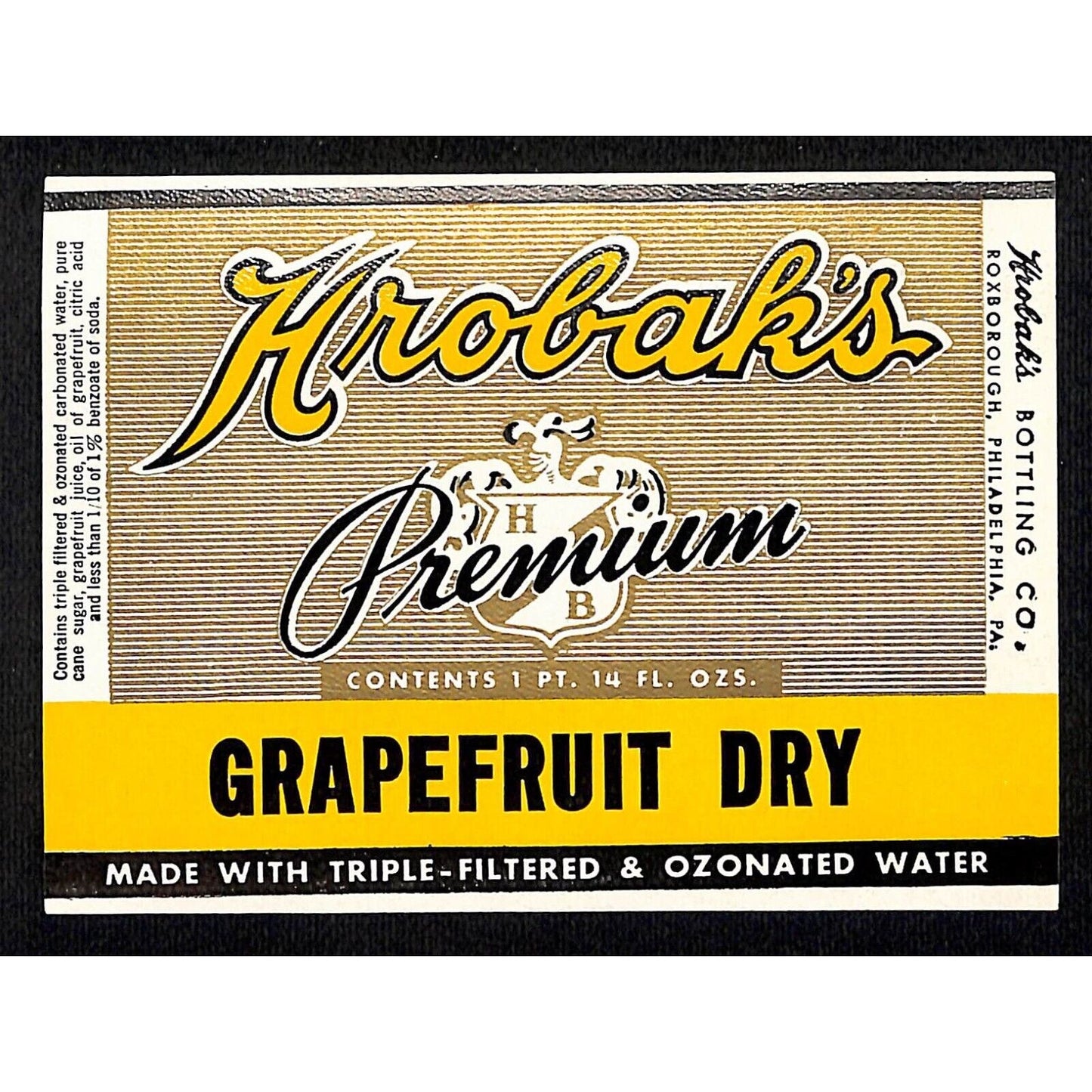 Hrobak's Grapefruit Dry Roxborough, PA Soda Bottle Label c1950's
